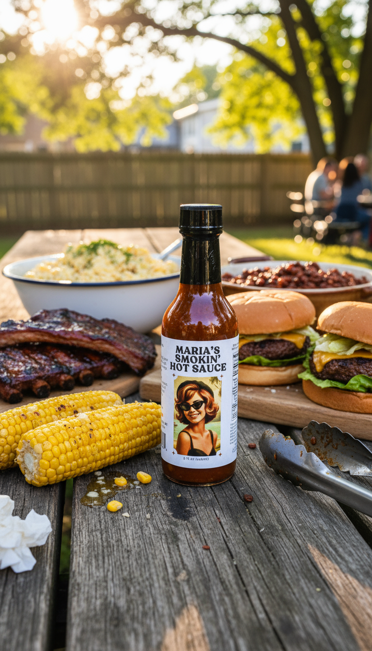 Bottle of Maria's Smokin' Hot Sauce with a label featuring a woman's face.